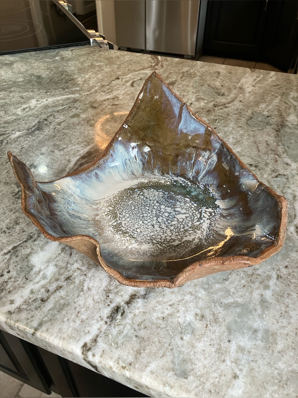 Studio Pottery Ceramic Irregular Decorative Bowl/Sculpture Brown/Blue/Ivory